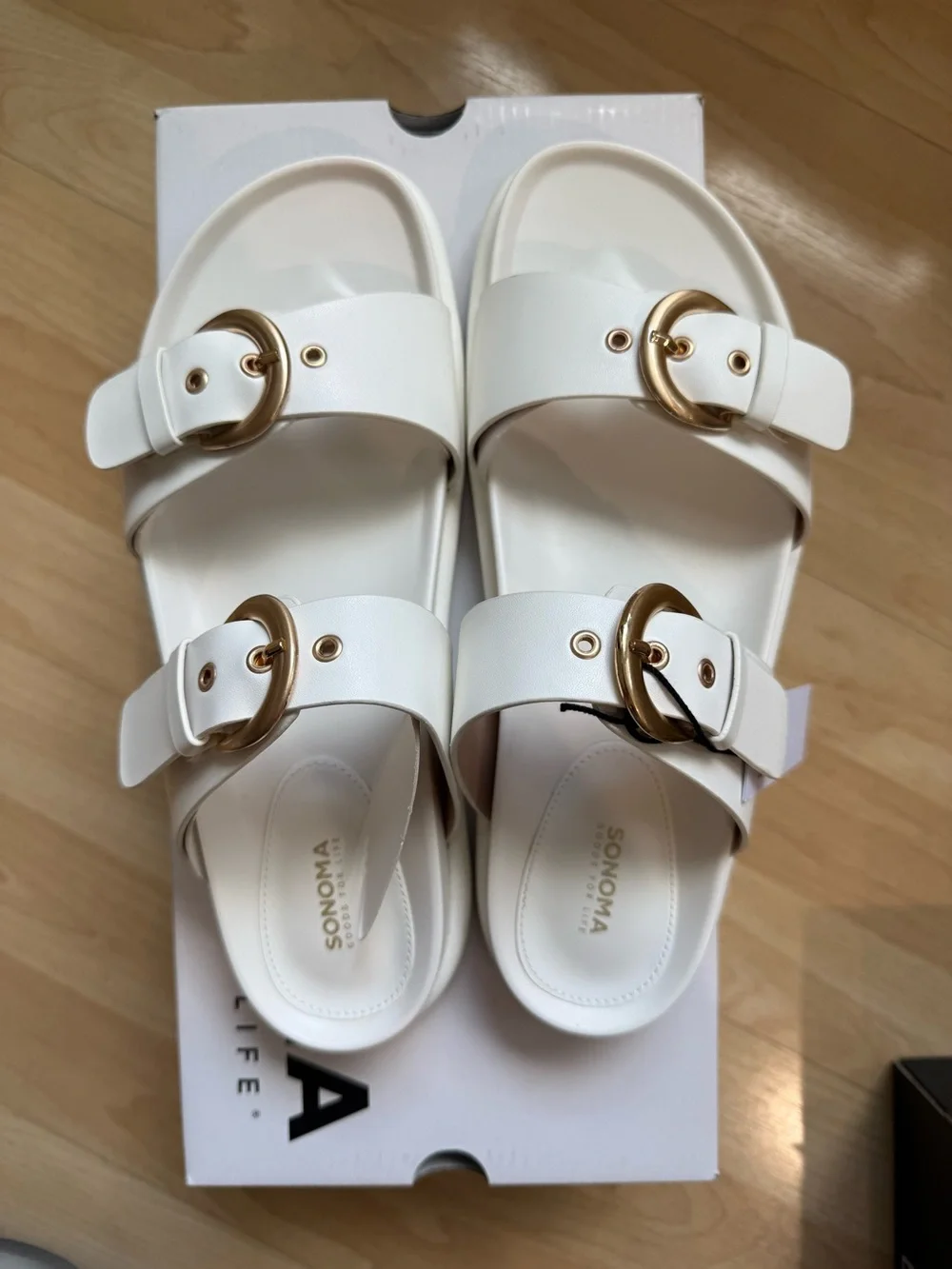 Sonoma White Sandals with Gold Buckles